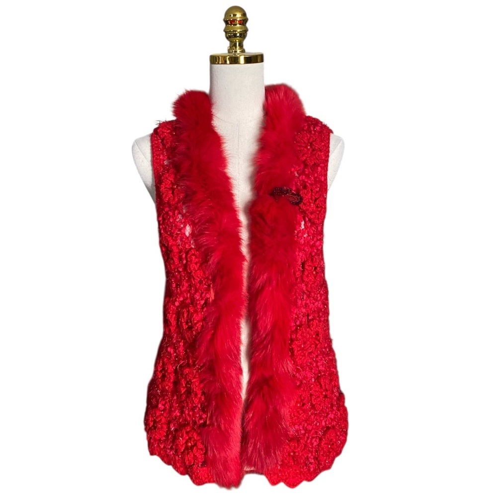 Women Red Y2K Knitted Crocheted Faux Fur Trim Open Front Vest Size Small